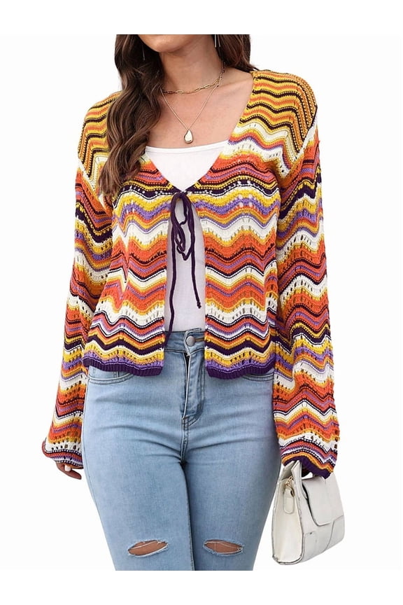 Women'S Jacket Autumn and Winter Rainbow Wave Pattern Woven Cardigan Intercolor Splicing Striped Sweater Tops Yellow M