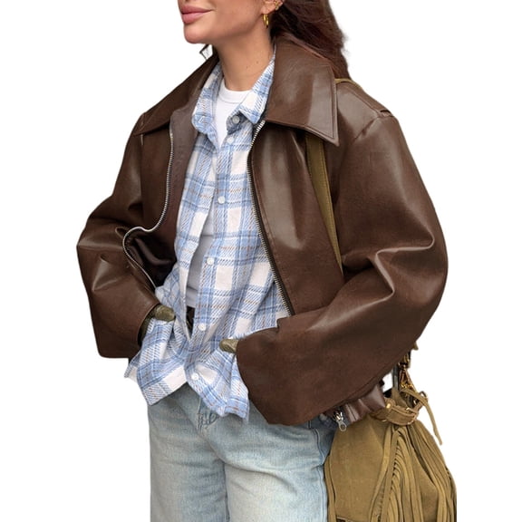 Women'S Jacket Fashion Lapel Zipper Long Sleeve Street Style Outerwear Brown M