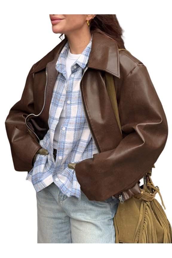 Women'S Jacket Fashion Lapel Zipper Long Sleeve Street Style Outerwear Brown S