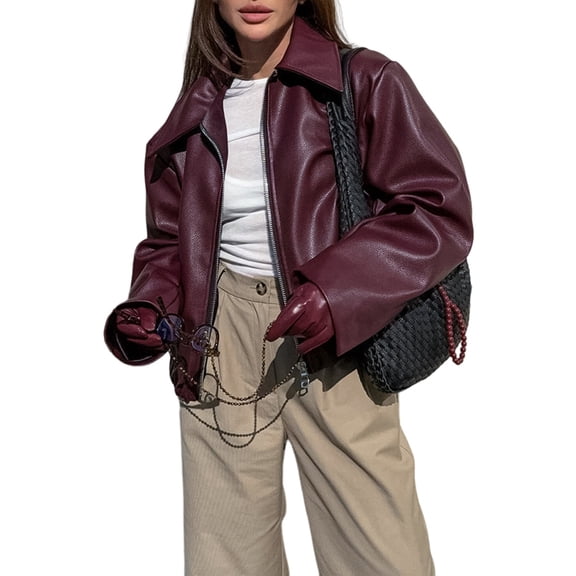 Women'S Jacket Fashion Lapel Zipper Long Sleeve Street Style Outerwear Wine Red L