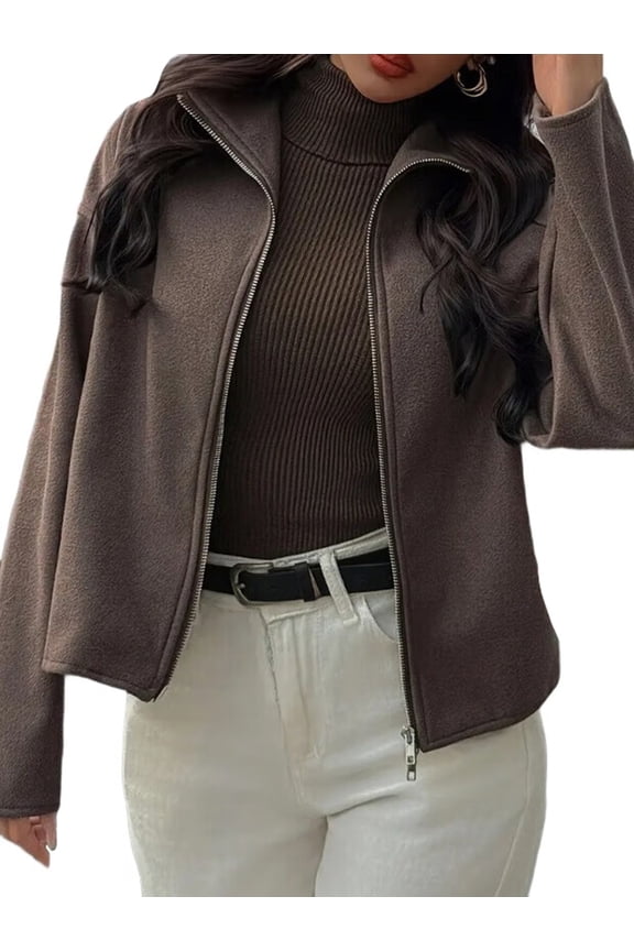 Women'S Jacket Zip Up Mock Neck Long Sleeve Casual Jackets Outerwear Brown M