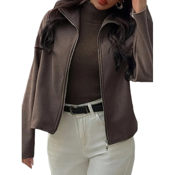 Women'S Jacket Zip Up Mock Neck Long Sleeve Casual Jackets Outerwear Brown XL
