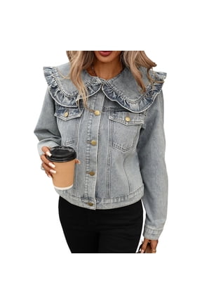 Women'S Jean Jacket Cropped Denim Jacket Long Sleeve Button Down Jean Crop Top Blue M