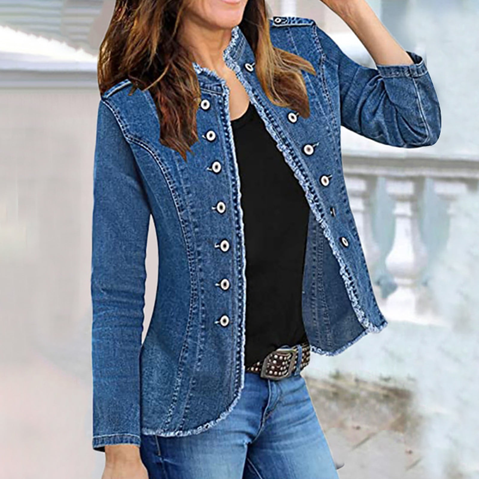 Women'S Jean Jacket Cropped Long Sleeve Button Denim Jacket Distressed ...