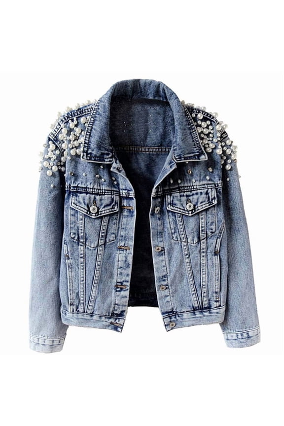 Women'S Jean Jacket Embroidered Rivet Pearl Short Denim Jacket Coat Blue M