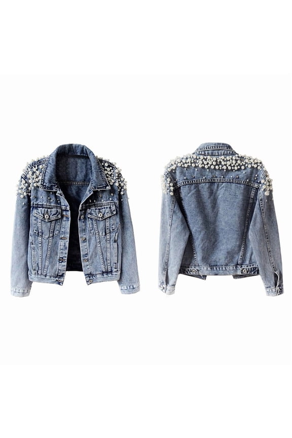 Women'S Jean Jacket Embroidered Rivet Pearl Short Denim Jacket Coat Blue XXL