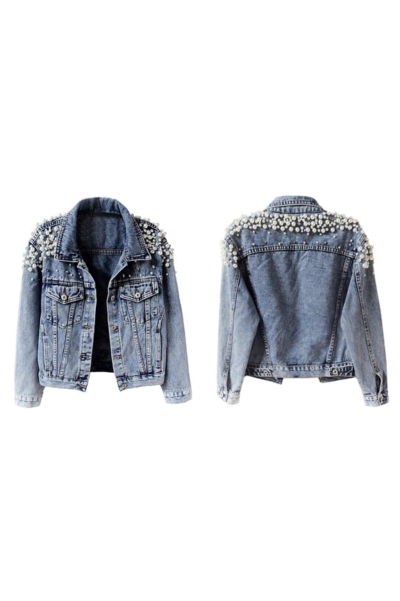 Women'S Jean Jacket Embroidered Rivet Pearl Short Denim Jacket Coat Blue XXXL
