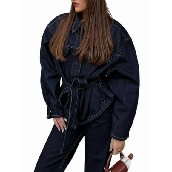 Women'S Jean Jacket Fall Clothes Fashion Button Down Denim Jacket with Belt Denim S