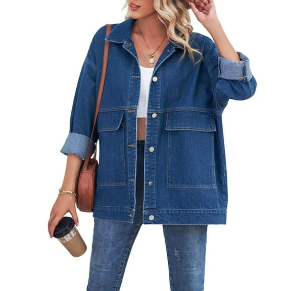 Women'S Jean Jacket Oversized Boyfriend Button Up Long Sleeve Split Denim Jackets Dark Blue XL