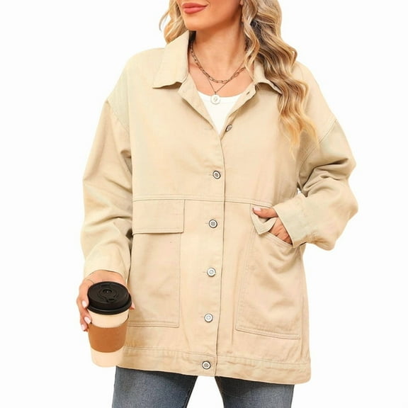 Women'S Jean Jacket Oversized Boyfriend Button Up Long Sleeve Split Denim Jackets Khaki L