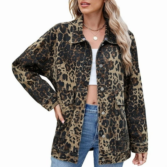 Women'S Jean Jacket Oversized Boyfriend Button Up Long Sleeve Split Denim Jackets Leopard Print XL