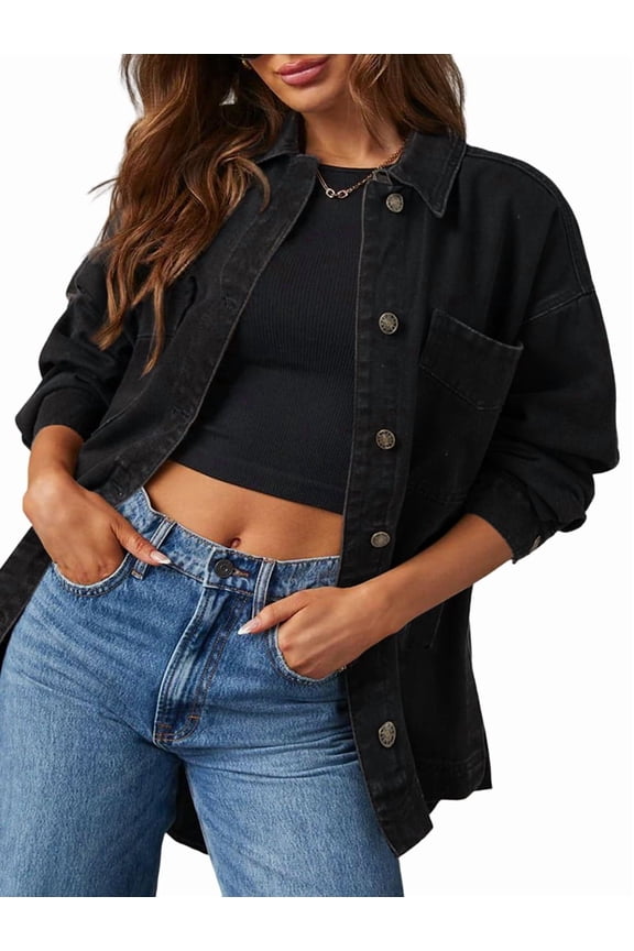 Women'S Jean Jacket Oversized Boyfriend Button Up Long Sleeve Split Zimbaplatinum Denim Jackets Black XXL
