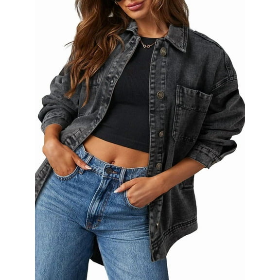 Women'S Jean Jacket Oversized Boyfriend Button Up Long Sleeve Split Zimbaplatinum Denim Jackets Gray M