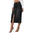 thumbnail image 1 of Women'S Jean Skirt Stretch High Waisted Frayed Raw Hem A Line Denim Midi Skirt with Pockets Black S, 1 of 8