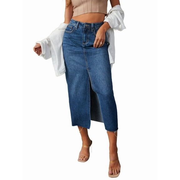 Women'S Jean Skirt Stretch High Waisted Frayed Raw Hem A Line Denim Midi Skirt with Pockets Blue M