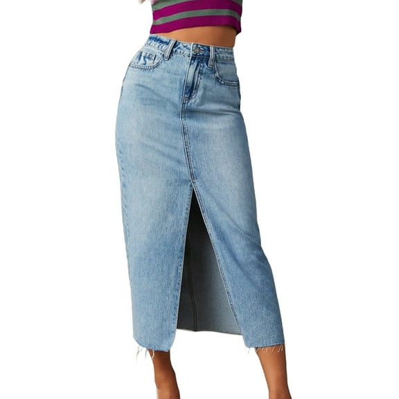 Women'S Jean Skirt Stretch High Waisted Frayed Raw Hem A Line Denim Midi Skirt with Pockets Light Blue XXL