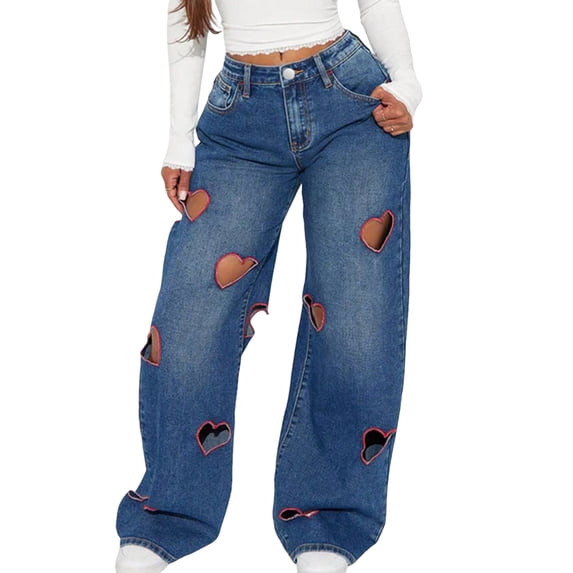 Women'S Jeans Baggy High Waist Hollow Heart Embroidery Wide Leg Denim Pants Blue S