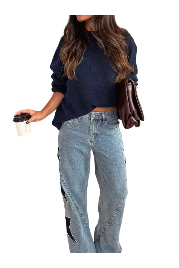 Women'S Jeans High Waisted Fashion Casual Star Denim Loose Wide Leg Straight Leg Bootcut Pants Blue S