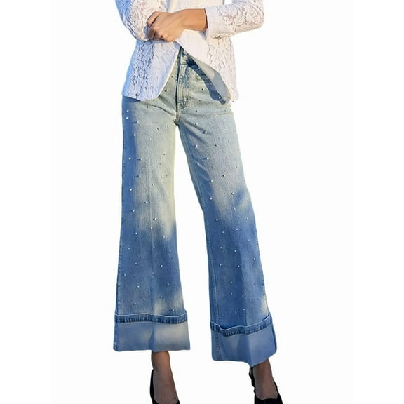 Women'S Jeans High Waisted Stretchy Roll Hem Pearl Wide Leg Denim Pants Light Blue S