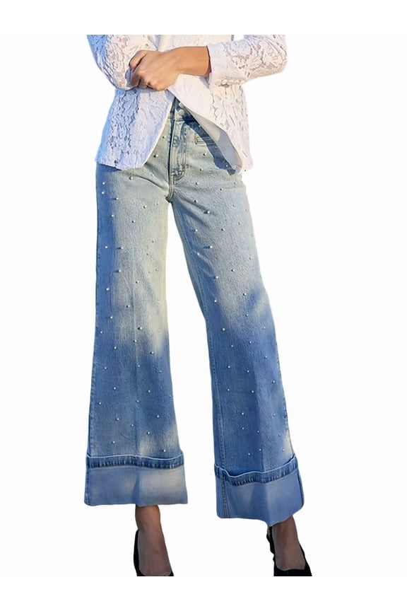 Women'S Jeans High Waisted Stretchy Roll Hem Pearl Wide Leg Denim Pants Light Blue S