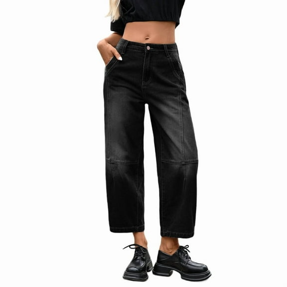 Women'S Jeans Wide Leg Vintage Mid Rise Y2k Baggy Boyfriend Ankle Denim Pants Black Grey S