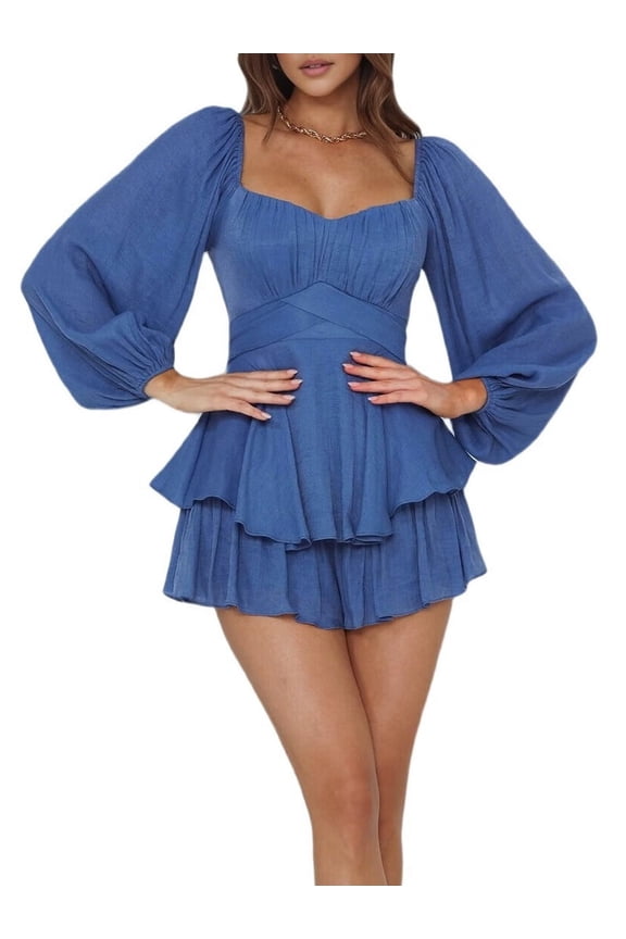 Women'S Jumpsuit Lantern Long Sleeve Ruffle Layer Tie Mini Short Romper Blue XL