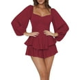 thumbnail image 1 of Women'S Jumpsuit Lantern Long Sleeve Ruffle Layer Tie Mini Short Romper Wine Red S, 1 of 8