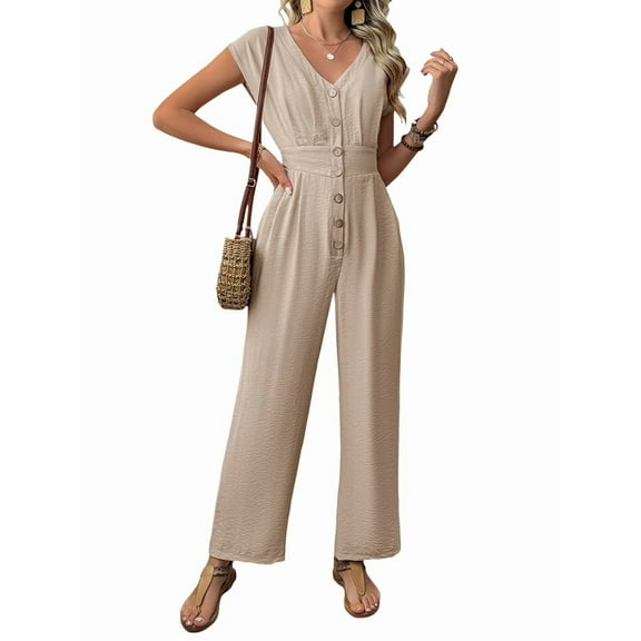 Women'S Jumpsuit Short Sleeve V Neck Fashion Casual Wide Leg Pants Bodysuit 2025 Summer Clothing XL