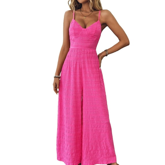 Women'S Jumpsuit Wide Leg Pleated Pants Summer Overalls Holiday Jumpsuits Long Pants Rose Red XXL