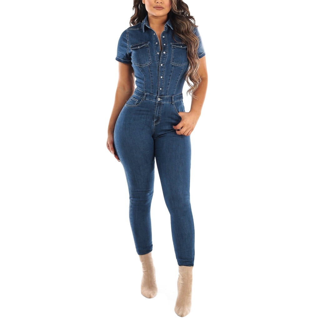 Jumpsuits for Women Button Down Slim Fit Denim Long Playsuit Lapel Full Length Jeans Overalls Jumpsuits