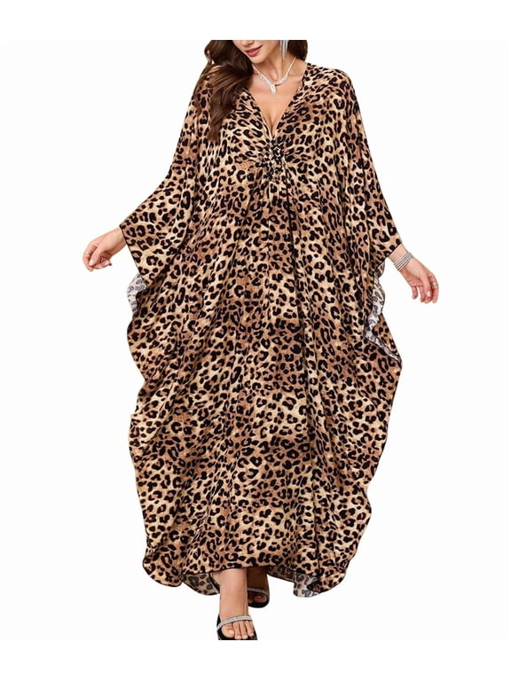 Women'S Kaftan Beach Cover Up Dress Plus Size Summer Swimsuit Loungewear Maxi Dress Leopard One Size