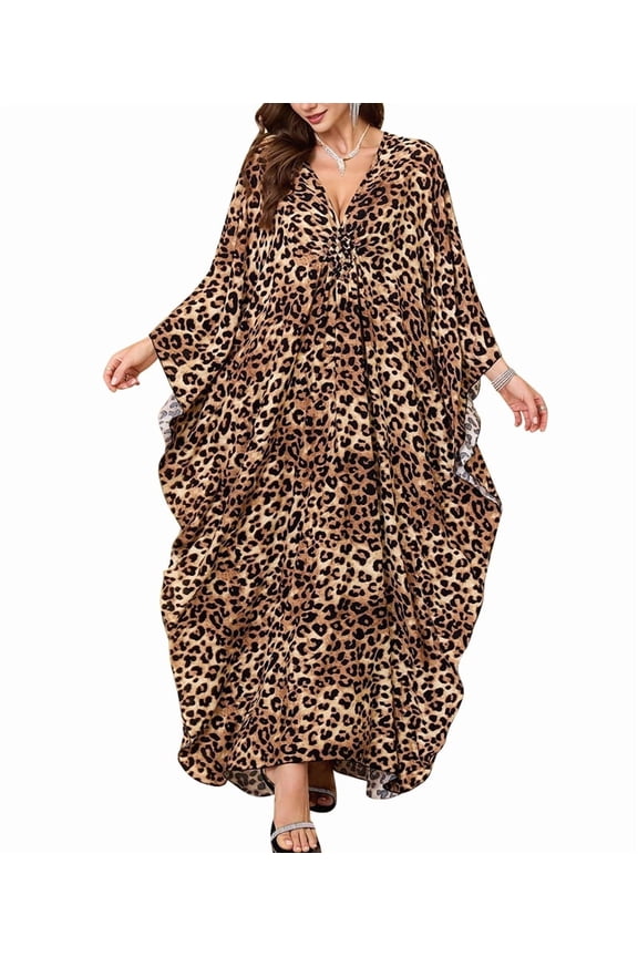 Women'S Kaftan Beach Cover Up Dress Plus Size Summer Swimsuit Loungewear Maxi Dress Leopard One Size