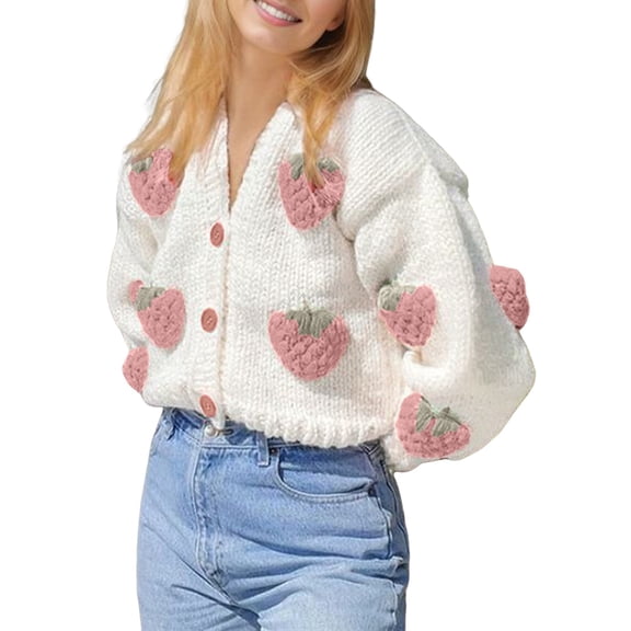 Women'S Kawaii Strawberry Embroidered Cardigan Long Sleeve V Neck Chunky Knitted Tops Pink Strawberries L