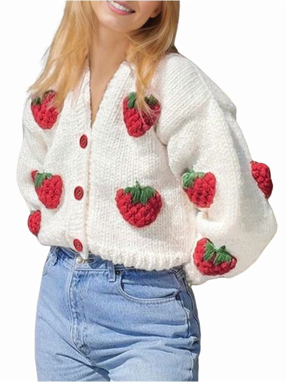 Women'S Kawaii Strawberry Embroidered Cardigan Long Sleeve V Neck Chunky Knitted Tops Red Strawberry M