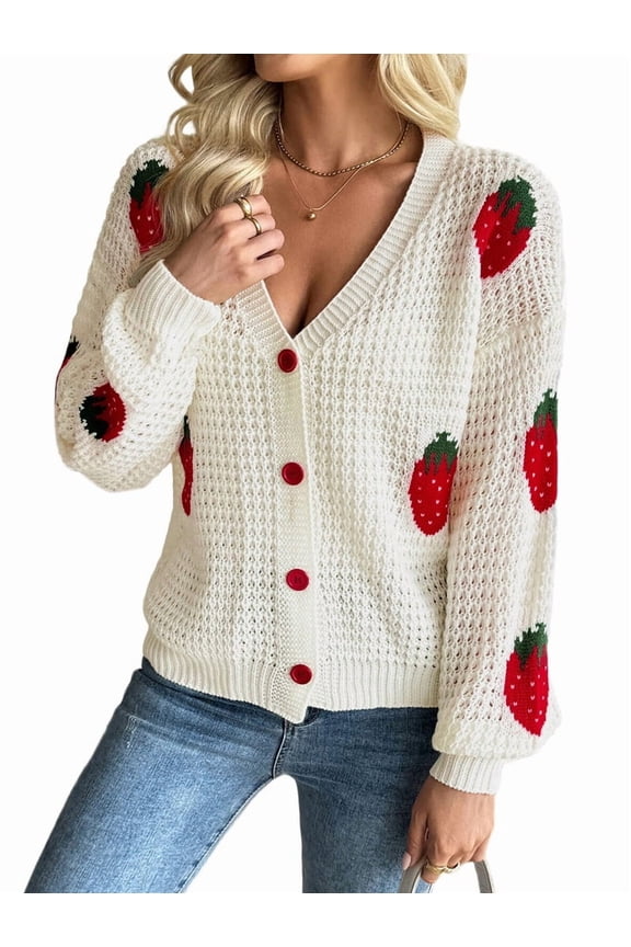 Women'S Kawaii Strawberry Embroidered Long Sleeve V Neck Chunky Knitted Tops Cream White M