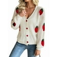 thumbnail image 1 of Women'S Kawaii Strawberry Embroidered Long Sleeve V Neck Chunky Knitted Tops Cream White S, 1 of 8