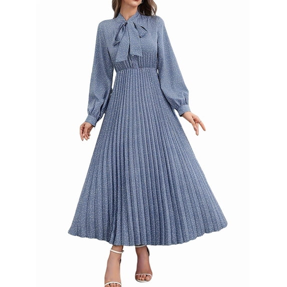 Women'S Knee-Length Spring and Autumn Dresses Bowknot Solid Color Shirt Sleeve Big Swing Long Dresses Blue S