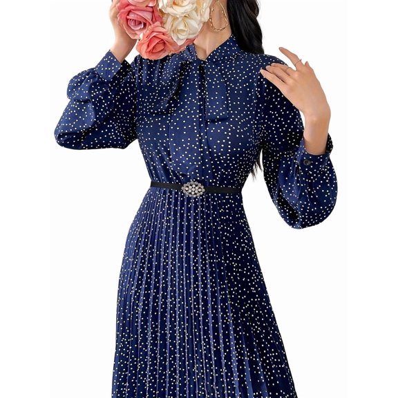 Women'S Knee-Length Spring and Autumn Dresses Bowknot Solid Color Shirt Sleeve Big Swing Long Dresses Dark Blue M