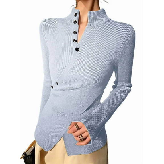 Women'S Knit Basic Sweater Elegant Stand Collar Button Slim Fit - Slit Long Sleeve Pullover Tops Light Blue M