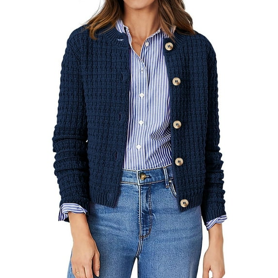 Women'S Knit Cardigan Sweaters Casual Long Sleeve Open Front Button Down Trendy Jackets Outerwear Navy Blue L