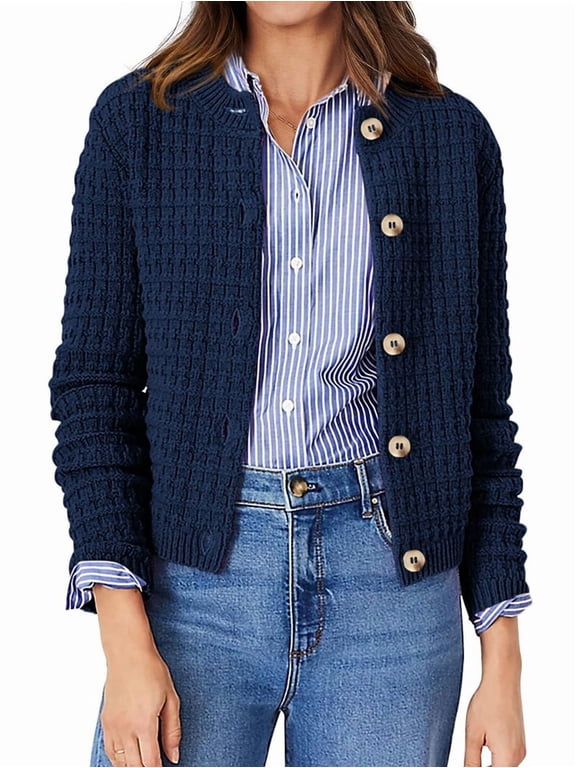 Women'S Knit Cardigan Sweaters Casual Long Sleeve Open Front Button Down Trendy Jackets Outerwear Navy Blue S