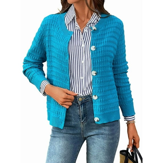 Women'S Knit Cardigan Sweaters Casual Long Sleeve Open Front Button Down Trendy Jackets Outerwear Blue L