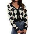 thumbnail image 1 of Women'S Knit Cardigan Sweaters Long Sleeve Argyle Open Front Button Down V Neck Cropped Coats Casual Trendy Tops Apricot Black M, 1 of 9