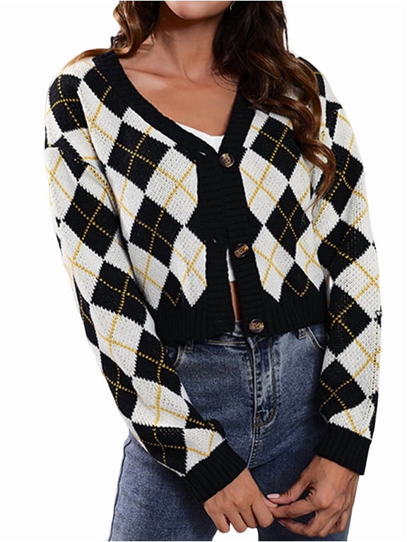 Women'S Knit Cardigan Sweaters Long Sleeve Argyle Open Front Button Down V Neck Cropped Coats Casual Trendy Tops Apricot Black M