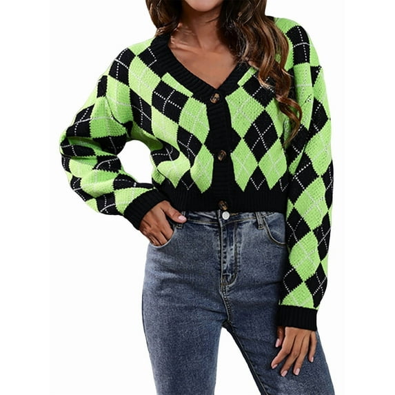 Women'S Knit Cardigan Sweaters Long Sleeve Argyle Open Front Button Down V Neck Cropped Coats Casual Trendy Tops Green Black M