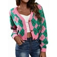 thumbnail image 1 of Women'S Knit Cardigan Sweaters Long Sleeve Argyle Open Front Button Down V Neck Cropped Coats Casual Trendy Tops Pink Green S, 1 of 10