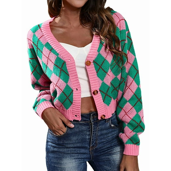 Women'S Knit Cardigan Sweaters Long Sleeve Argyle Open Front Button Down V Neck Cropped Coats Casual Trendy Tops Pink Green XL