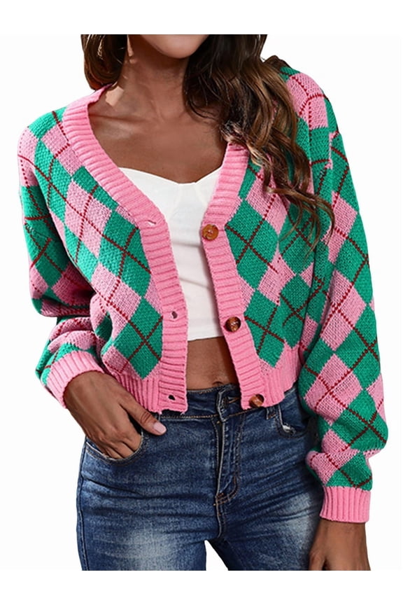 Women'S Knit Cardigan Sweaters Long Sleeve Argyle Open Front Button Down V Neck Cropped Coats Casual Trendy Tops Pink Green XL