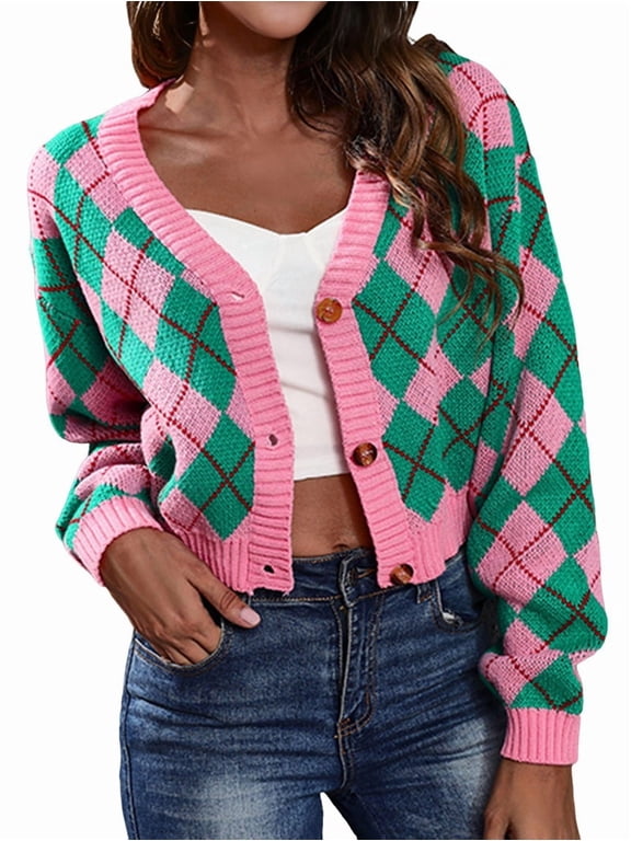 Women'S Knit Cardigan Sweaters Long Sleeve Argyle Open Front Button Down V Neck Cropped Coats Casual Trendy Tops