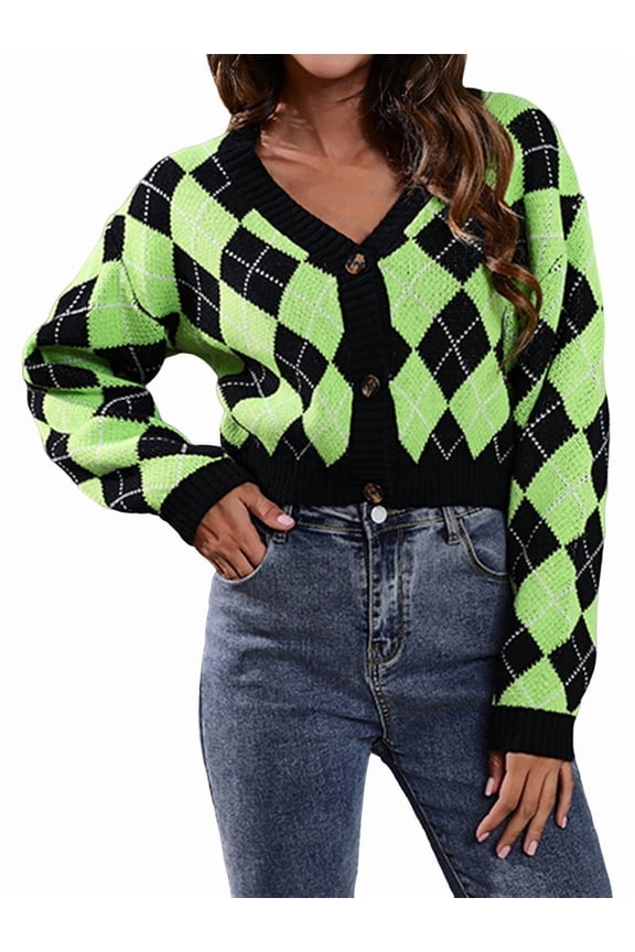 Women'S Knit Cardigan Sweaters Long Sleeve Argyle Open Front Button Down V Neck Cropped Coats Casual Trendy Tops